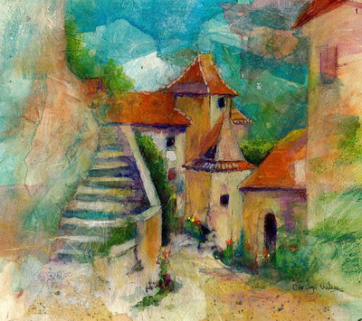 Painting of the French village of St Cirq Lapopie, France showing stone buildings and steps. Mixed media and rice paper collage painting by Carolyn Wilson