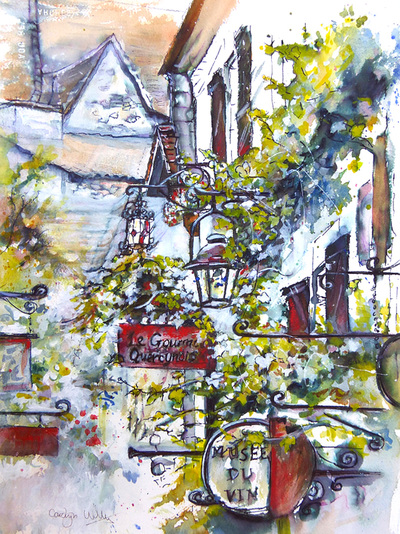 Wrought iron signs and lamps outside the Musee du Vin, St Cirq Lapopie, France. Mixed media painting by Carolyn Wilson