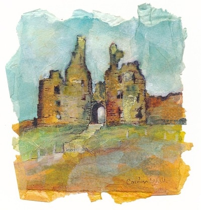Painting of Dunstanburgh castle ruins. Northumberland, England. Mixed media and collage painting by Carolyn Wilson