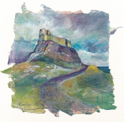 Painting of Lindisfarne castle, Holy Island, Northumberland, England. Mixed media and rice paper collage by Carolyn Wilson