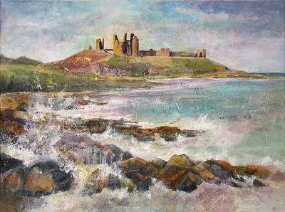 Painting of Dunstanburgh Castle ruins on Northumberland coast, England. Mixed media painting by Carolyn Wilson
